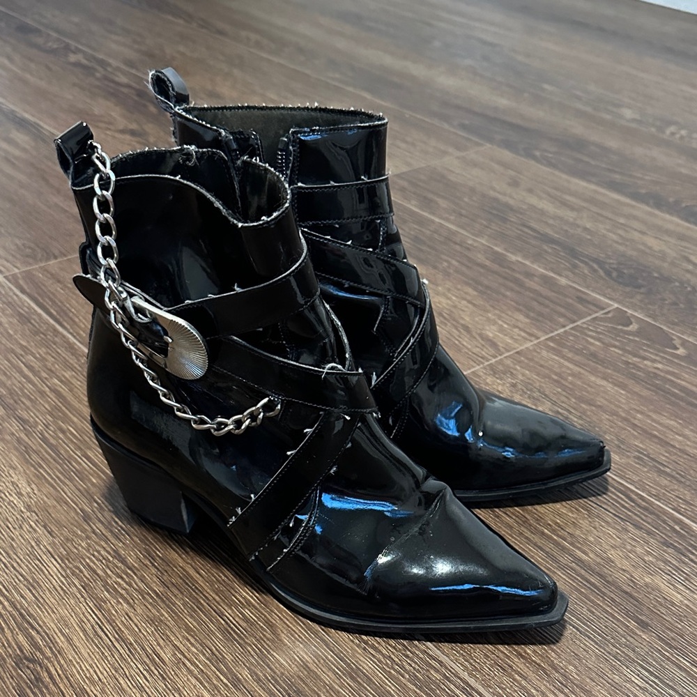 Topshop Glossy Black Ankle Boots with Chain Detail